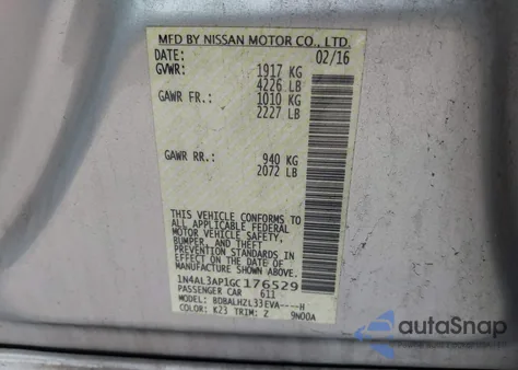 2016 Nissan Altima 2.5 Sr из США, поврежденный, VIN 1N4AL3AP1GC176529